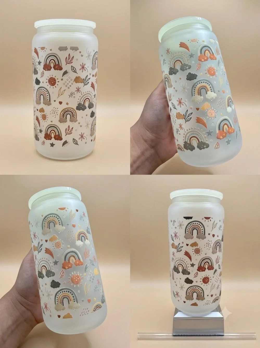 Charming yellow glass tumbler with rainbow colors.